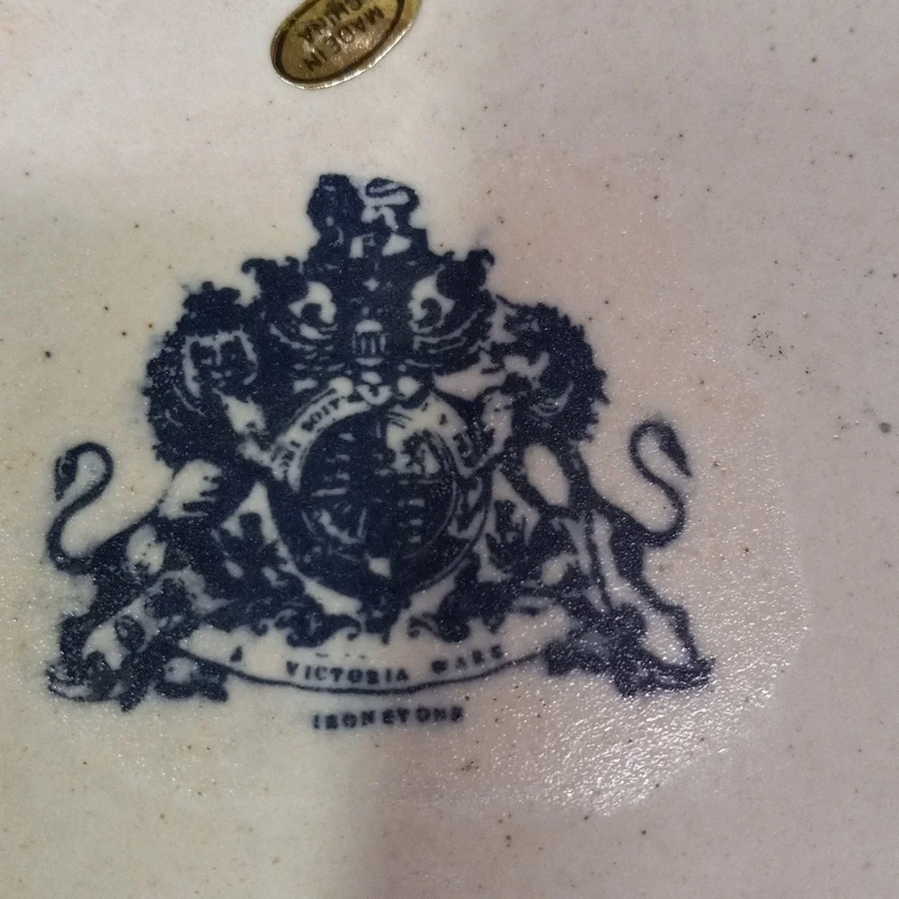 VICTORIA  Ware Ironstone Ribbed Fan Plate Ruffled Edge Blue White Floral